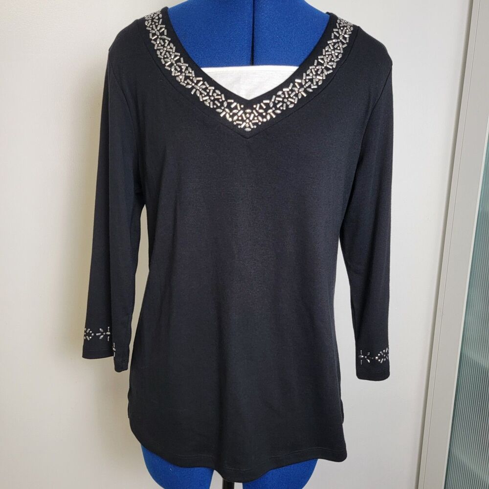 Karen Scott Black Long Sleeve Silver Beaded Trim V-Neck Blouse M